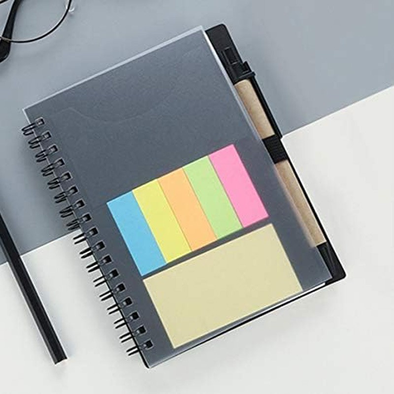 Black  Spiral Notebook Plastic Cover With Sticky Notes , Index Tabs Flags &  Pen Size 17.8 x 15 cm