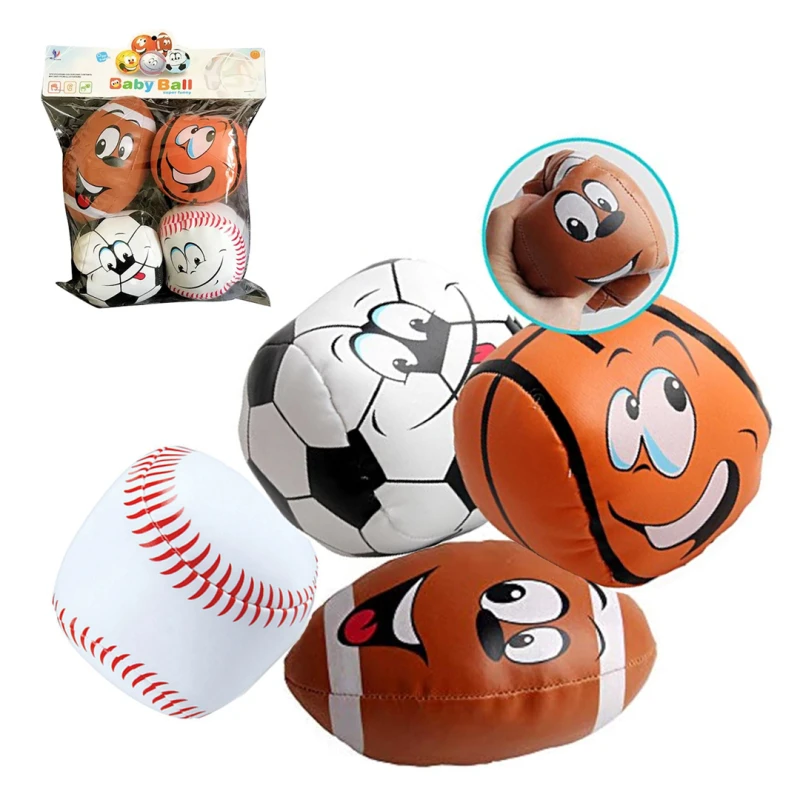 4PC Soft Plush Sports Balls – Smiling Educational Toys – Football, Baseball, Basketball & Rugby – For Kids & Toddlers 6 Months+