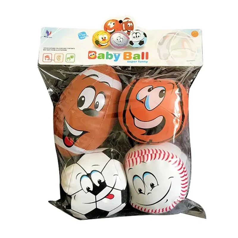 4PC Soft Plush Sports Balls – Smiling Educational Toys – Football, Baseball, Basketball & Rugby – For Kids & Toddlers 6 Months+