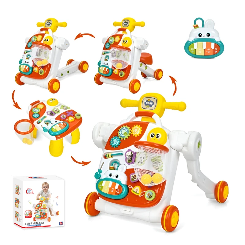 4-in-1 Multifunctional Baby Walker with Music, Lights & Activity Panel – Push Walker + Ride-On Car + Activity Table – Suitable from 9 Months