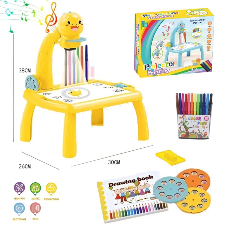 Kids Drawing Projector Table with Music, 3 Slides with 24 Projection Patterns, Educational LED Trace and Draw Projector with Drawing Book, 3 Years & Up