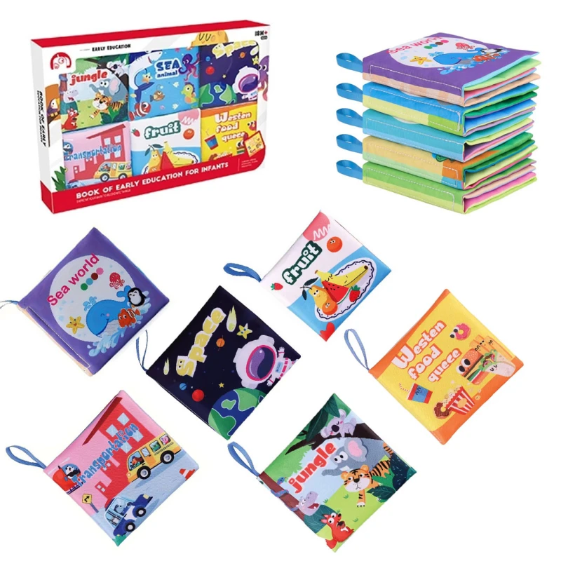 6PCS Baby Bath Books – Animals, Fruits, Vegetables, Transportation, Space, Sea & Western Food – Waterproof, Soft Fabric, Crinkle Sounds, Educational for Toddlers 6M+