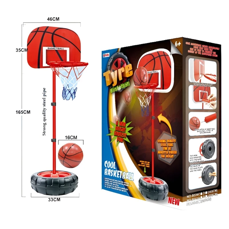 Adjustable Kids Basketball Hoop with Tyre-Shaped Base, Height Up to 168 cm for Indoor & Outdoor Play, Durable Metal Rim – Suitable for Ages 3+