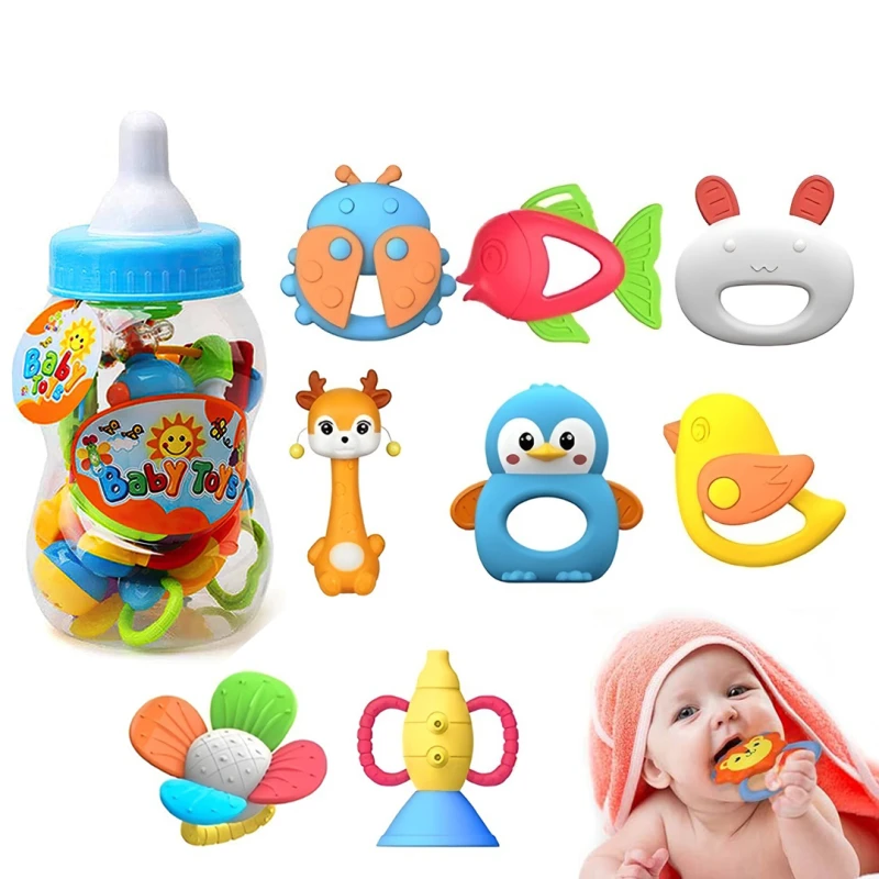 8-Piece Baby Rattles and Teething Toys Set for Newborns 0–12 Months, BPA-Free Infant Sensory Toys with Giant Baby Bottle, Safe Chewable Teethers