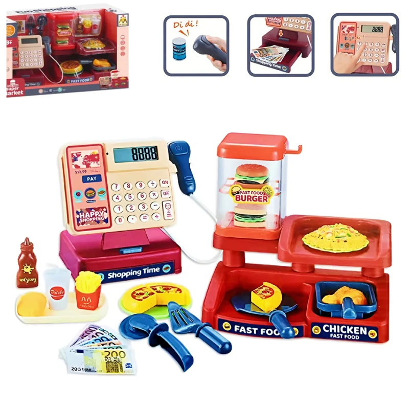 Cash Register Kids Fast Food Restaurant Toy with Sound - Complete Pretend Play Set with Food Accessories, Age 3+