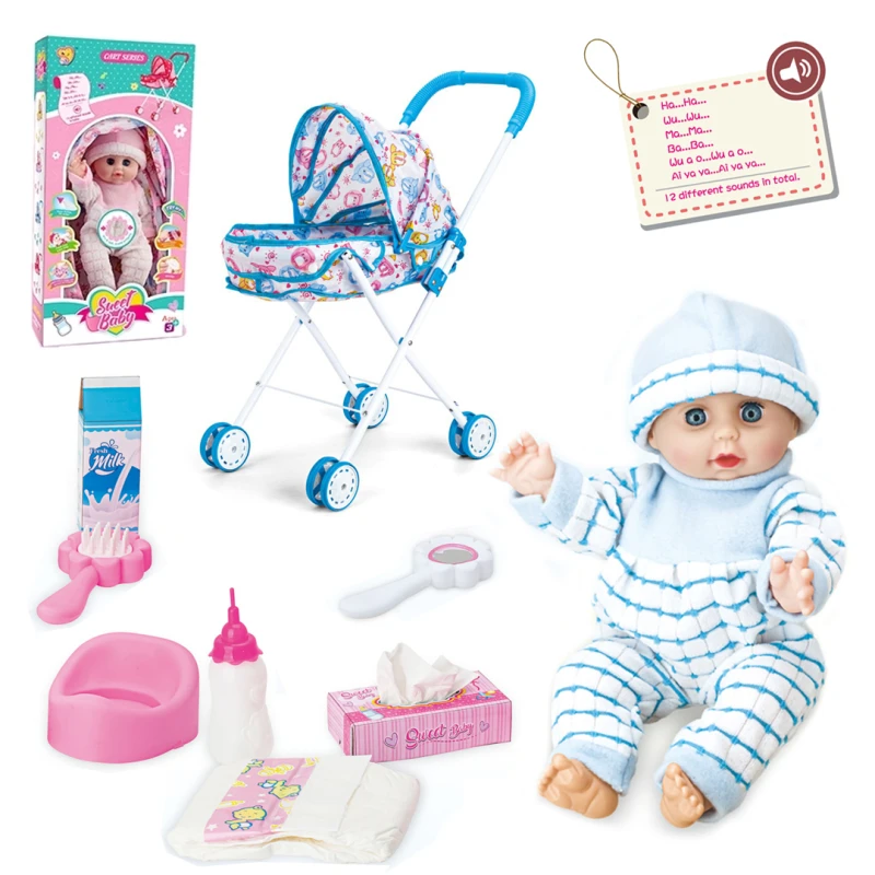 Sweet Baby Interactive Doll Playset 33cm with Metal Stroller, 12 Sounds, Feeding, Pee & Sleeping Functions, Baby Care Accessories Included, Baby Doll Toy for Girls Age 3+