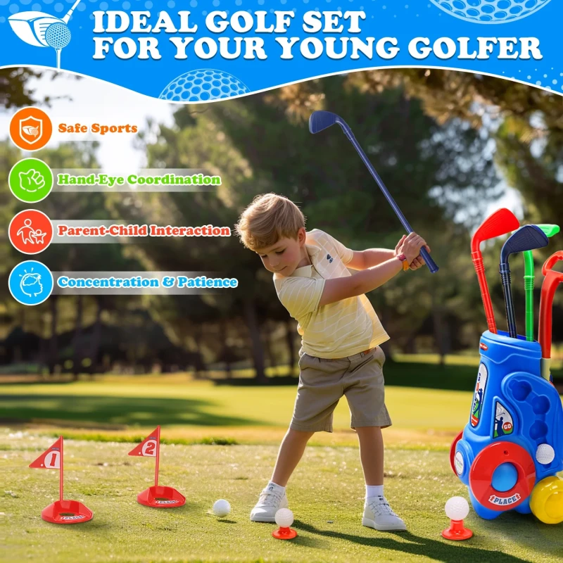 Toddler Golf Set, Kids Golf Clubs with Rolling Golf Cart, 4 Clubs, 4 Balls, Practice Holes & Flags, Indoor & Outdoor Golf Toy, Age 3+