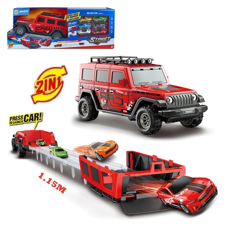 2-in-1 Off-Road Deformer Toy Set - 1.15m Folding Car Launcher Track with Music & Lights, Includes 6 Alloy Cars - Foldable Carrier Truck for Ages 3+
