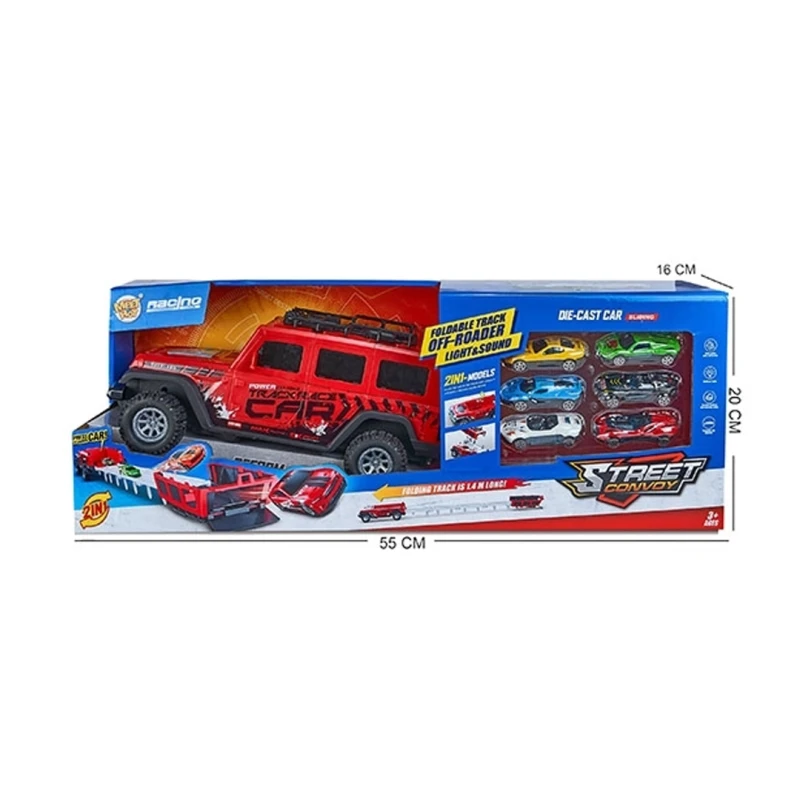 2-in-1 Off-Road Deformer Toy Set - 1.15m Folding Car Launcher Track with Music & Lights, Includes 6 Alloy Cars - Foldable Carrier Truck for Ages 3+