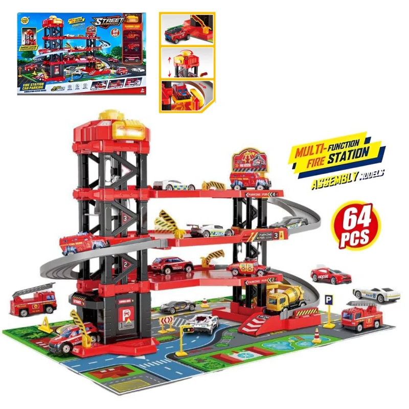 Fire Truck Parking Garage Toy with Lift – 4-Storey City Ramp Track, Lights & Music, 3 Alloy Cars, 64 Pieces, Age 3+