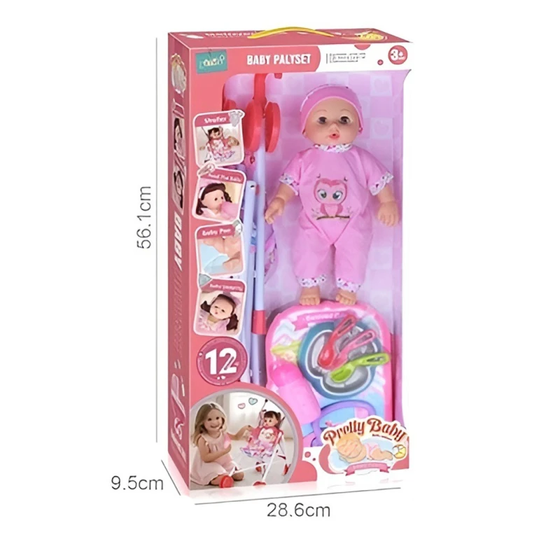 Pretty Baby Interactive Doll Playset 30cm with Stroller, 12 Sounds, Feeding & Sleeping Functions, Baby Care Accessories Included, Baby Doll Toy for Girls Age 3+