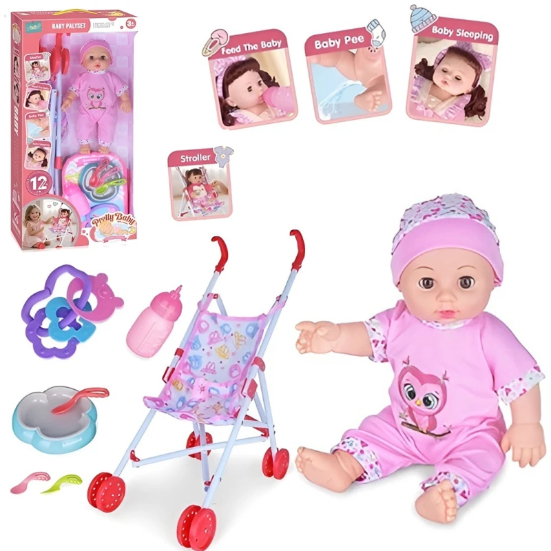 Pretty Baby Interactive Doll Playset 30cm with Stroller, 12 Sounds, Feeding & Sleeping Functions, Baby Care Accessories Included, Baby Doll Toy for Girls Age 3+