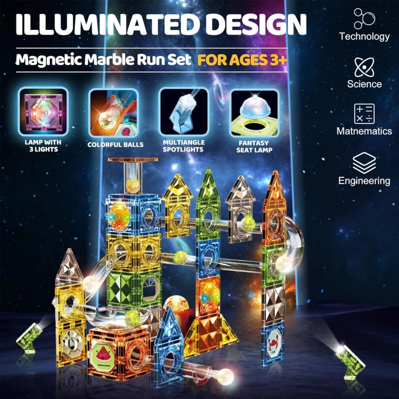 Lighting Magnetic Building Blocks 142pcs & Marble Run Set – STEM Montessori Educational Toy for Kids Age 3+ (Russian Version)