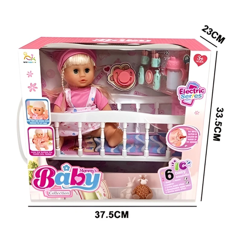 Interactive Recording Doll 34 cm with Bed and Accessories – 6 Sounds – Suitable for Ages 3+