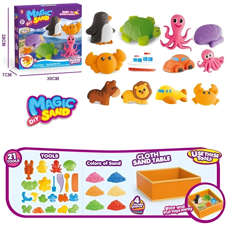 Magic Sand Animals Set – Kinetic Non-Toxic Sand with Marine & Forest Animal Molds, 4 Colors (795g), 21 Pieces, Creative DIY Play Kit for Kids 3+