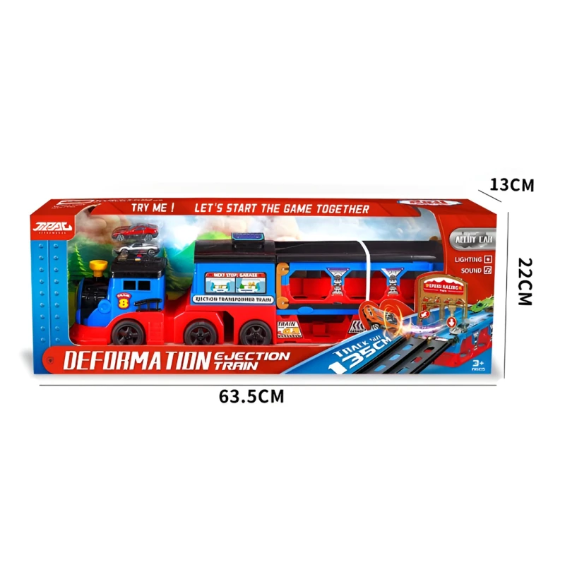 Transport Carrier Train Truck Toy with Race Track & Lights Sound - Deformation Ejection Train with 2 Alloy Cars, Vehicle Storage & Launcher Track - Kids Toy for Ages 3+