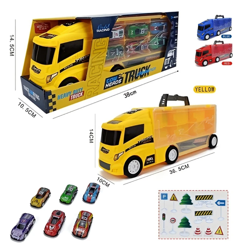 Truck Carrying Container with 6 Iron Sports Cars & 12 Road Signs - Kids Vehicle Transport Toy - Ages 3+