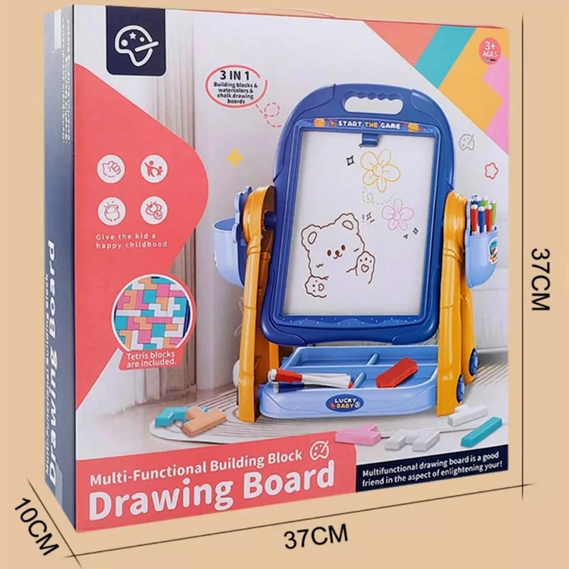 3 in 1 Kids Drawing Board - Tetris Building Blocks, Black Board & White Board - 360° Rotating Drawing Stand with Storage - Suitable for Ages 3+