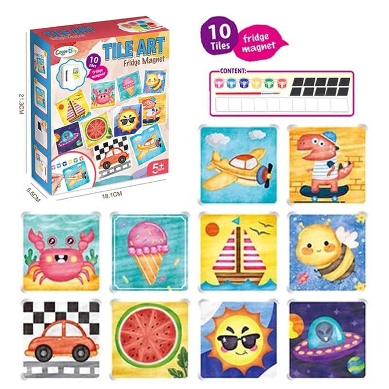 Magnetic Ceramic Coloring Set – 10 Tiles, 6 Paint Colors, 1 Brush – Arts & Crafts Kit for Kids Ages 5+