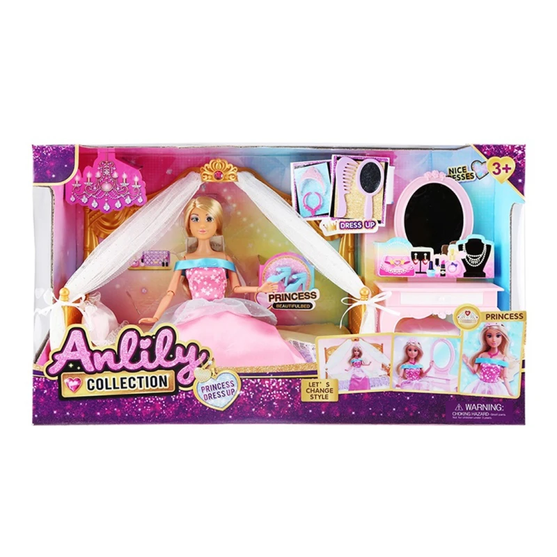 30 cm Articulated Princess Doll with Bed & Beauty Accessories – Soft Rubber Head & Detailed Features - Suitable for Children Ages 3 and Up