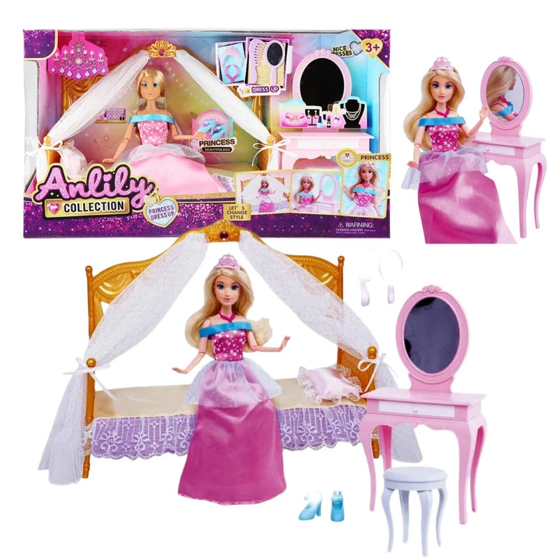 30 cm Articulated Princess Doll with Bed & Beauty Accessories – Soft Rubber Head & Detailed Features - Suitable for Children Ages 3 and Up