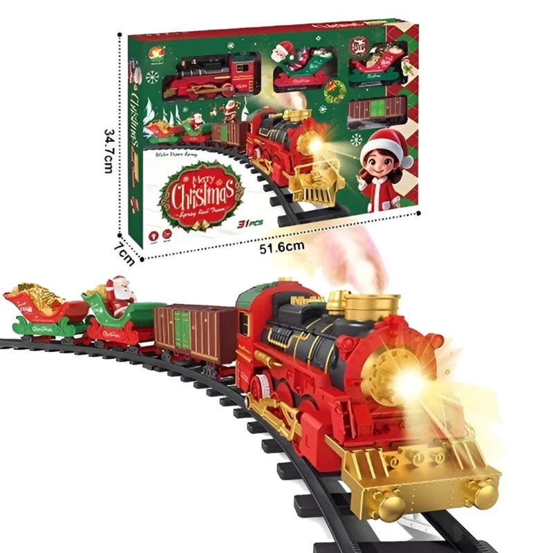 Christmas Train Set 29 Pieces with Light Smoke Sound and Christmas Rhymes – Electric Christmas Tree Train with Santa and Gift Carriage – Holiday Train Set for Kids Ages 3+