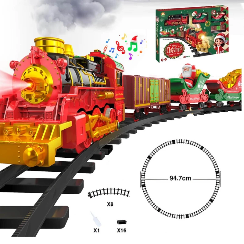 Christmas Train Set 29 Pieces with Light Smoke Sound and Christmas Rhymes – Electric Christmas Tree Train with Santa and Gift Carriage – Holiday Train Set for Kids Ages 3+