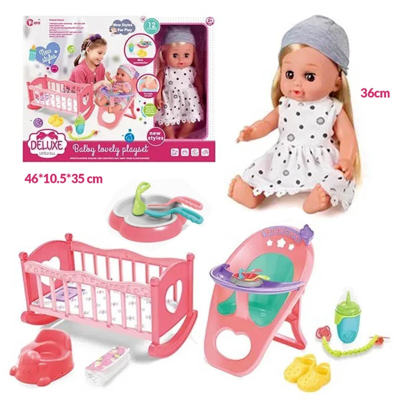 Baby Care Doll Toys Set - 36cm Realistic Baby Doll with 12 Sounds, Feeding & Care Accessories, Crib & High Chair Playset, Pretend Play for Kids Ages 3+
