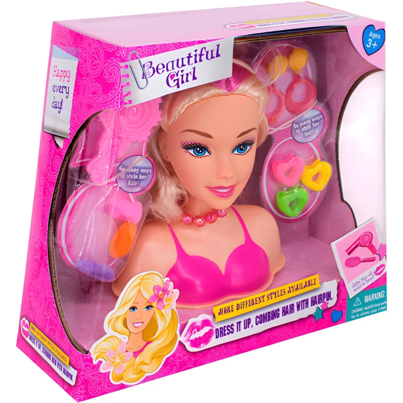 Hair Style Doll Head Playset for Girls - Beautiful Doll Head with Accessories for Hair Styling, Braiding, and Dressing Up - For Kids Ages 3+
