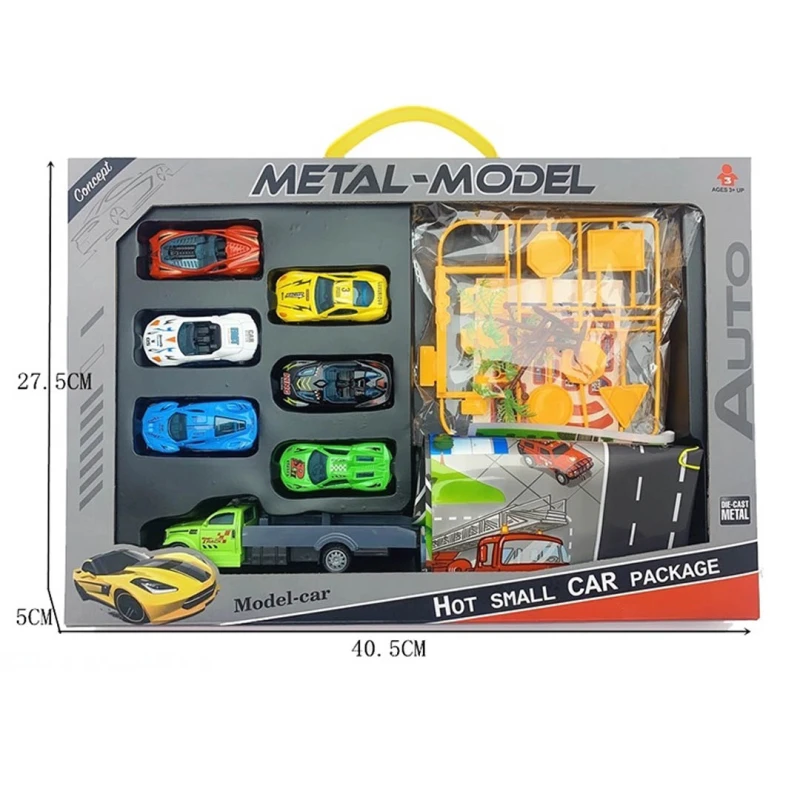 Metal-Model Die-Cast Car Set - 8 Mini Racing Cars with Transport Truck, Foldable Road Mat & Accessories - Ages 3+