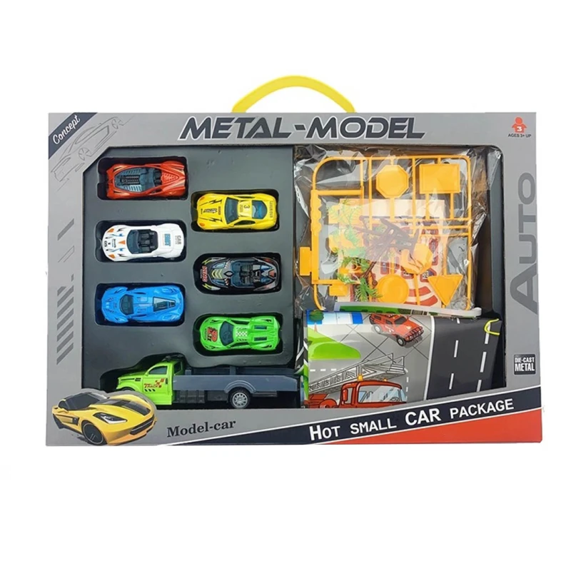 Metal-Model Die-Cast Car Set - 8 Mini Racing Cars with Transport Truck, Foldable Road Mat & Accessories - Ages 3+