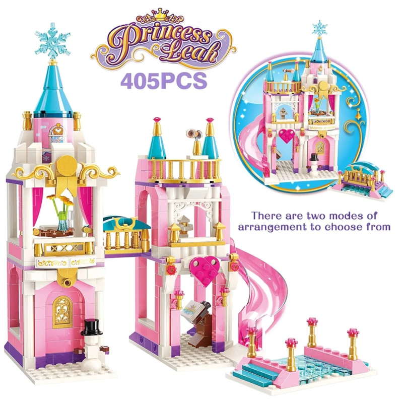 Qman Girls Dream Princess Castle Building Blocks - 405 Pieces Pink Palace Construction Set with 2 Mini Figures - Building Toy for Girls Ages 6 and Up