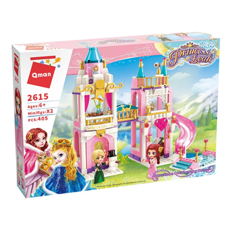 Qman Girls Dream Princess Castle Building Blocks - 405 Pieces Pink Palace Construction Set with 2 Mini Figures - Building Toy for Girls Ages 6 and Up