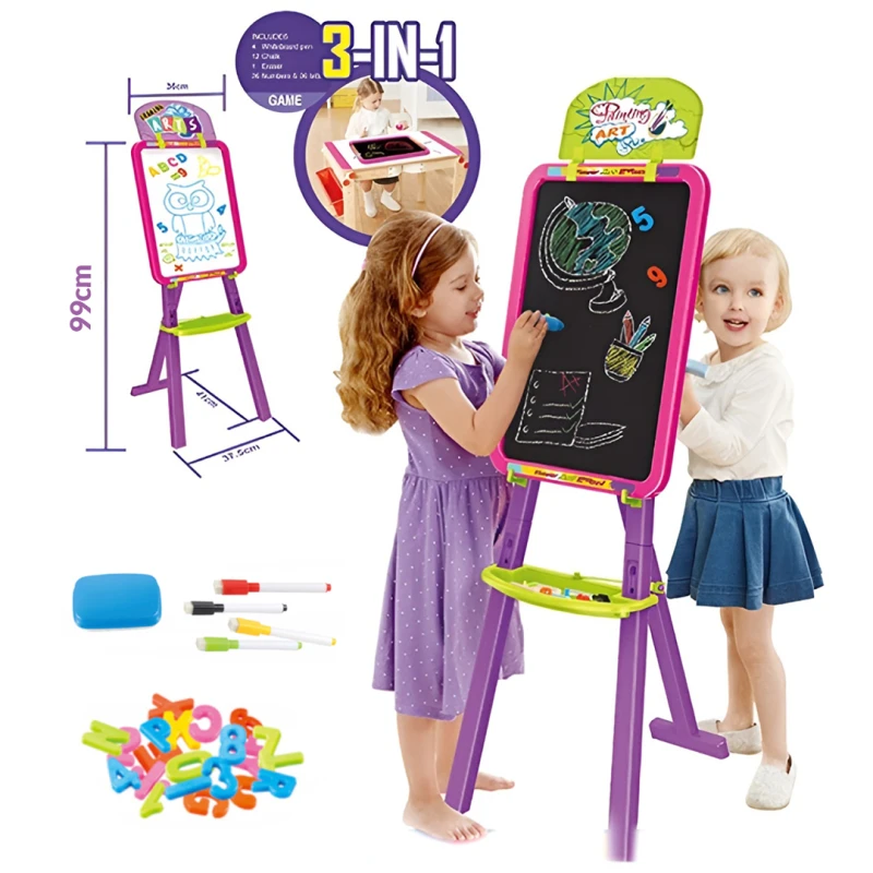 3-in-1 Kids Drawing & Learning Board – Double-Sided White & Black Board with Magnetic Letters and Numbers, Markers, Chalk, and Storage Tray – Suitable for Ages 3+
