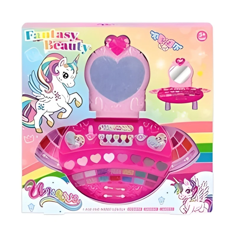 Fantasy Beauty Unicorn Kids Makeup Set with Heart-Shaped Vanity Mirror – Cosmetic Play Kit with Eye Shadow, Lip Gloss, Nail Polish & Accessories – Safe Makeup Toy for Girls Ages 5+