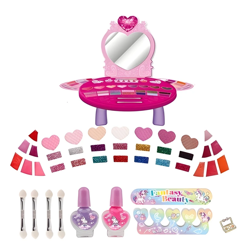 Fantasy Beauty Unicorn Kids Makeup Set with Heart-Shaped Vanity Mirror – Cosmetic Play Kit with Eye Shadow, Lip Gloss, Nail Polish & Accessories – Safe Makeup Toy for Girls Ages 5+