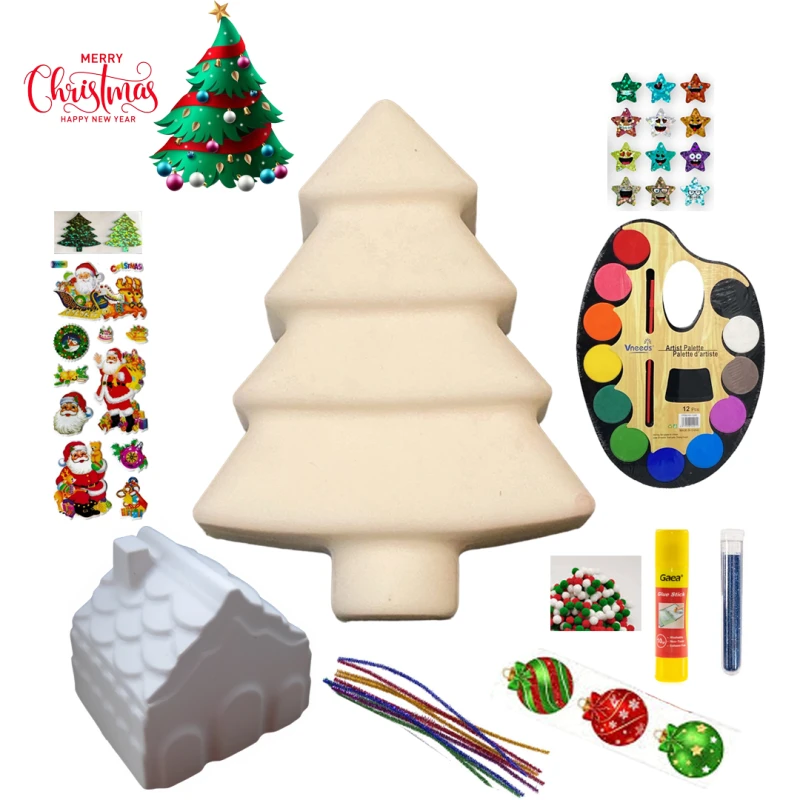 Christmas Plaster Painting & Decorating Kit for Kids – 2 Gypsum Figures (Christmas Tree & House) with Premium Paint Set & Stickers - DIY Christmas Craft Set for Ages 3+