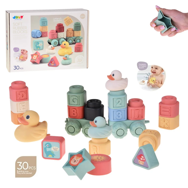 Soft Pastel Rubber Blocks with Cute Ducks - 30 Piece Set for Children Ages 18 Months and Up