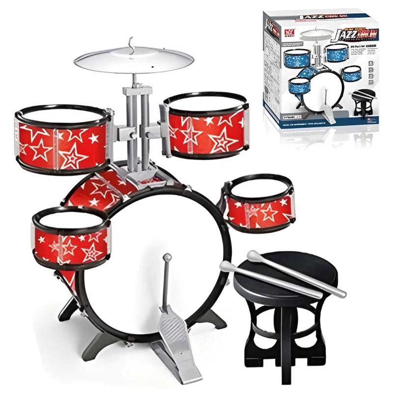 Jazz Drum Set for Kids - 20-Piece Beginner Drum Kit with 5 Drums, Cymbal, Kick Pedal, Chair & Stool - For Ages 3+