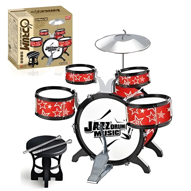 Jazz Drum Set for Kids - 13-Piece Beginner Drum Kit with 5 Drums, Cymbal, Kick Pedal, Chair & Stool - For Ages 3+