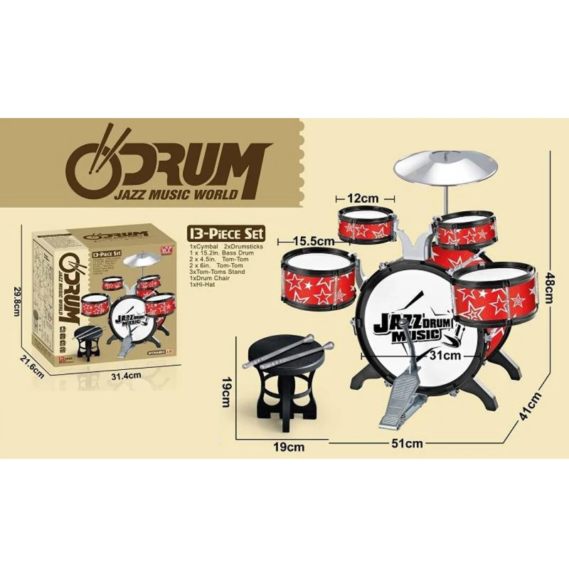 Jazz Drum Set for Kids - 13-Piece Beginner Drum Kit with 5 Drums, Cymbal, Kick Pedal, Chair & Stool - For Ages 3+