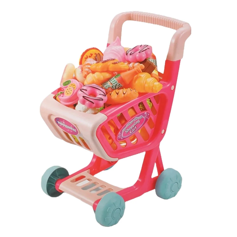 Supermarket Shopping Cart Playset for Kids, 28-Piece Pretend Bakery, Donuts & Sweets Food Set, Durable Grocery Trolley for Girls – Ages 3+