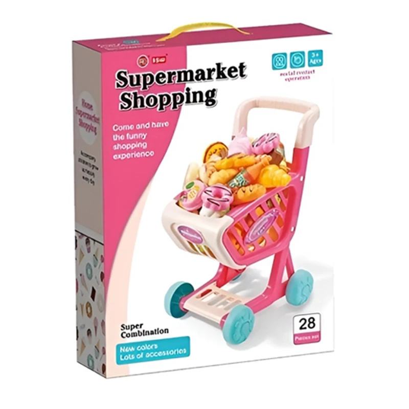 Supermarket Shopping Cart Playset for Kids, 28-Piece Pretend Bakery, Donuts & Sweets Food Set, Durable Grocery Trolley for Girls – Ages 3+
