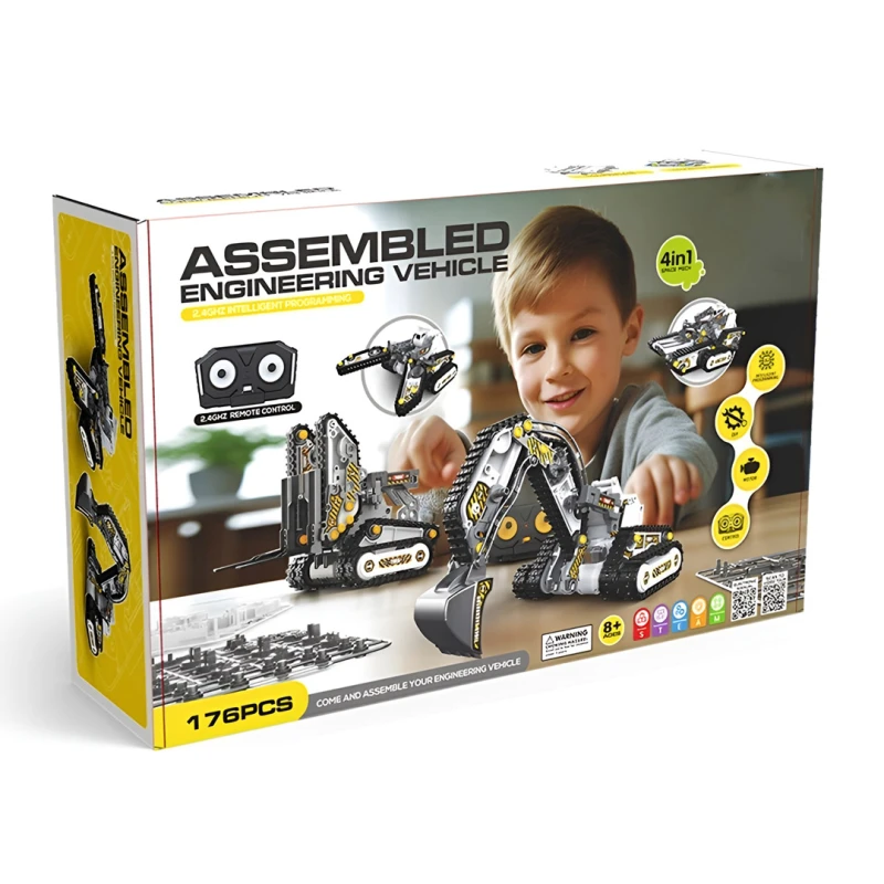 4-in-1 Construction Vehicle Kit with 2.4 GHz Remote Control, 176 Pieces STEM Construction Set for Excavator, Bulldozer, Crane, Creative Engineering Toy