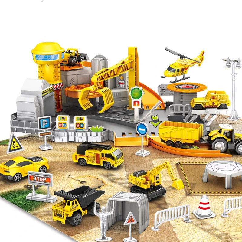 Construction Vehicles Track Set with Excavator, Dump Truck, Wheel Loader, Rotating Crane & Play Mat, Learning Educational STEM Building Toy for Kids Ages 3-12