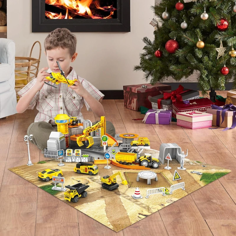 Construction Vehicles Track Set with Excavator, Dump Truck, Wheel Loader, Rotating Crane & Play Mat, Learning Educational STEM Building Toy for Kids Ages 3-12