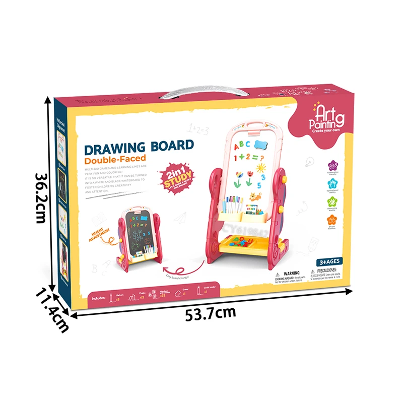 2 in 1 Drawing Board, Double-Sided Magnetic Drawing Board, Whiteboard & Chalkboard with Adjustable Height