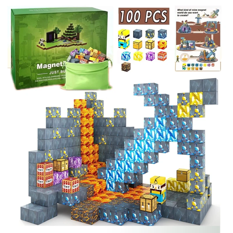 Minecraft Magnetic Cube Just Build it, 100 Pcs Magnetic Blocks Adventure Game, Build Mine World Set for Boys & Girls 8 Years+