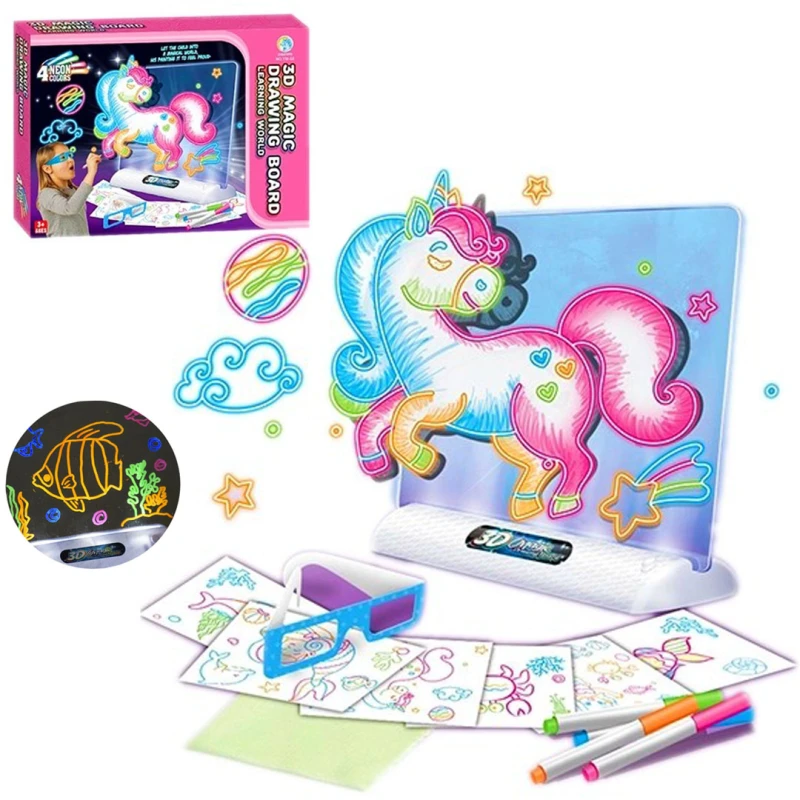 Unicorn 3D Magic Drawing Board with LED Backlight – Includes 4 Neon Markers, Drawing Templates & 3D Glasses (Age 3+)