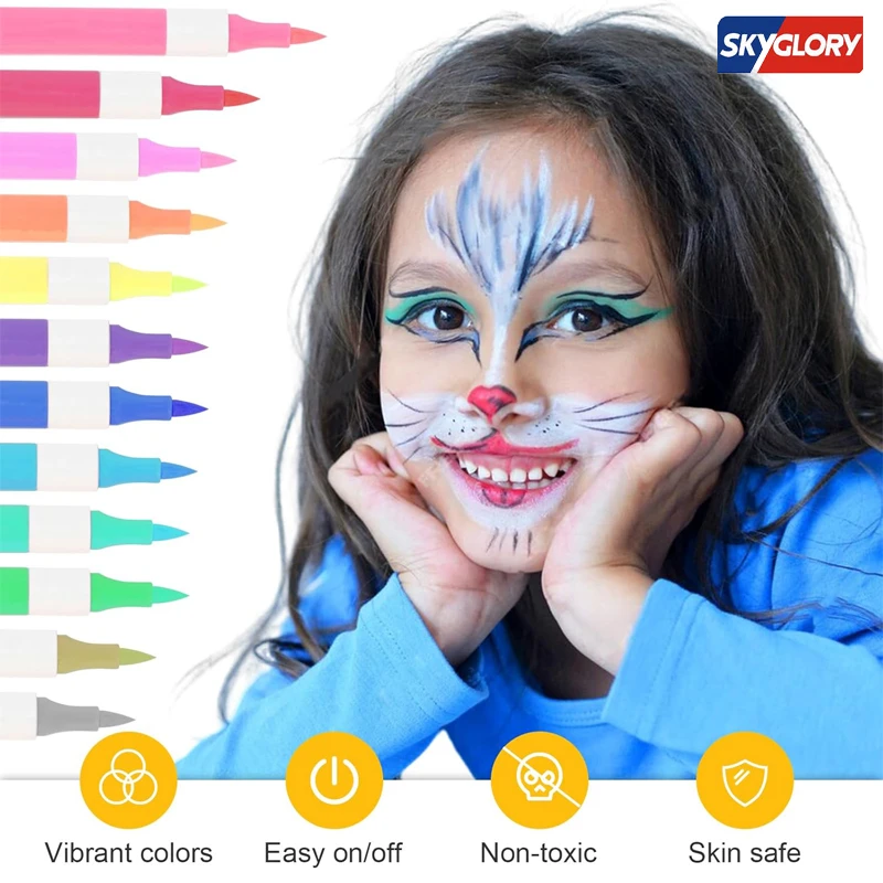 Face Painting Marker, 12 Colors Face Paint Set Washable Acrylic Paint Pens Temporary Tattoo Markers for Skin Brush Tip Art Pen for Body (SG-7630)